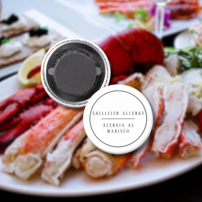 Imán Alergia bilingüe negra y blanca a la concha (Black & White Bilingual Allergy to Shellfish button, customizable multilingual project)