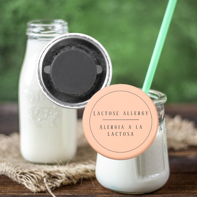 Imán Alerta alérgica a la lactosa bilingüe en español (Peach Bilingual Allergy to Lactose magnet, Spanish editable text, multilingual project)
