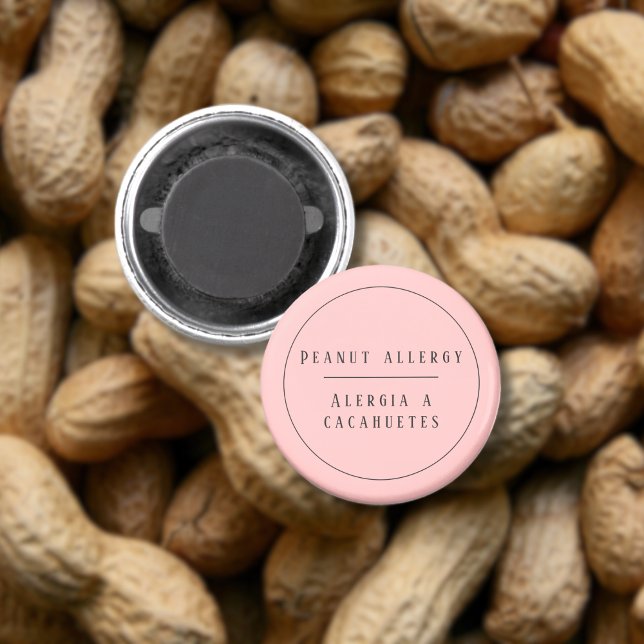 Imán Alerta de alergia al cacahuete bilingüe rosa Españ (Bilingual peanut allergy warning  magnet. Spanish personalized name & text. multlingual project)