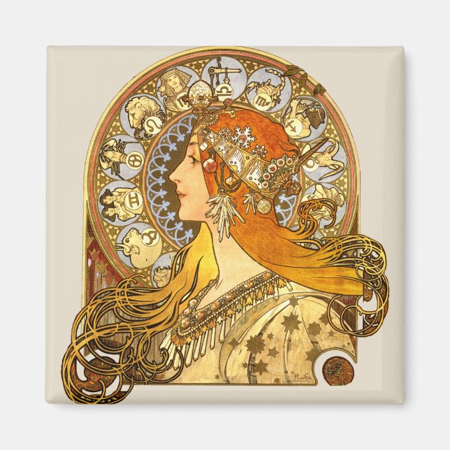 Imán Alfonse Mucha Zodiac Art Nouveau Mujer (Frente)