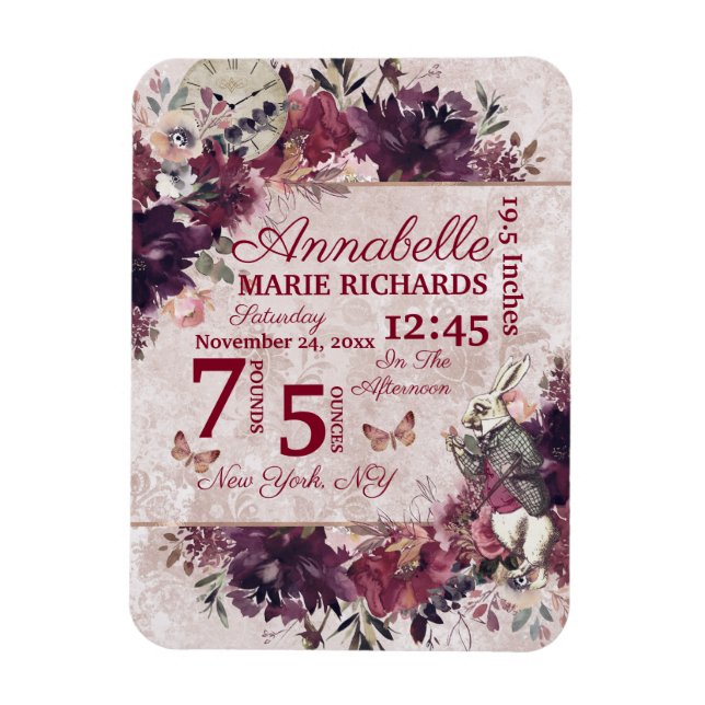 Imán Alice in Wonderland Personalizado Floral Baby Stat (Vertical)