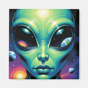 Imán Alien Face con planetas reflexiones en los ojos