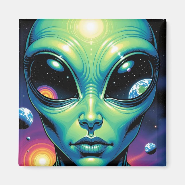 Imán Alien Face con planetas reflexiones en los ojos (Frente)