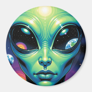 Imán Alien Face con planetas reflexiones en los ojos