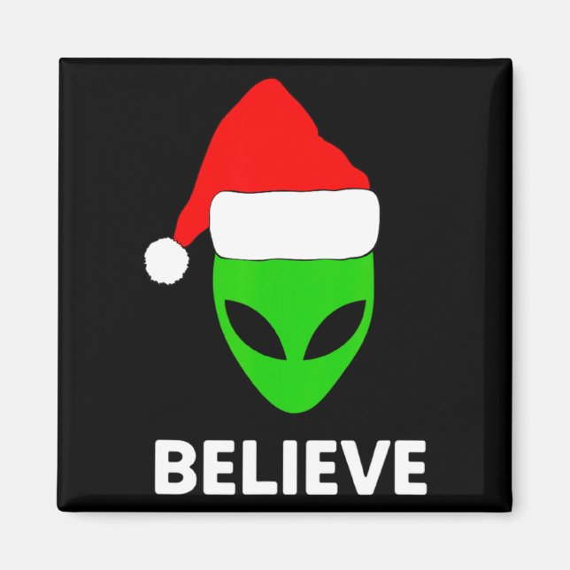 Imán Alien Green Face Christmas Santa Hat Believe  (Frente)