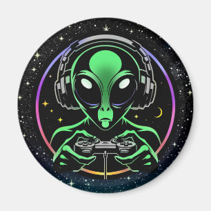 Imán Alien jugando videojuegos con fondo estelar
