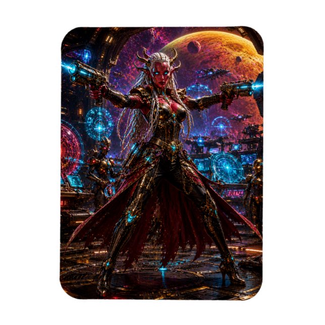 Imán Alien Space Pirate Queen — Twin Blasters (Vertical)