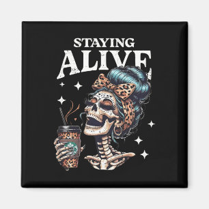 Imán Alive Skeleton Halloween Leopard Messy Bun Women