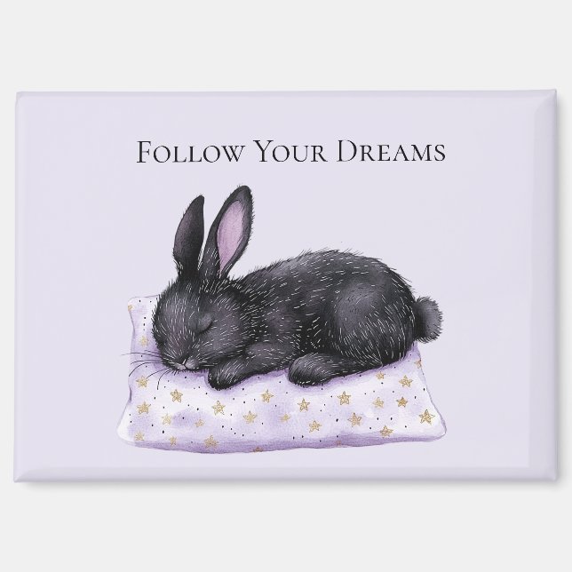 Imán Almohada de estrellas doradas lavanda conejo negro (Anverso)