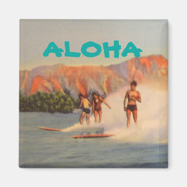 Imán Aloha con surfistas vintage en Hawaii