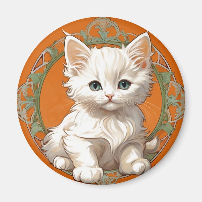 Imán Alphonse Mucha Art Nouveau Gatito Blanco (Frente)