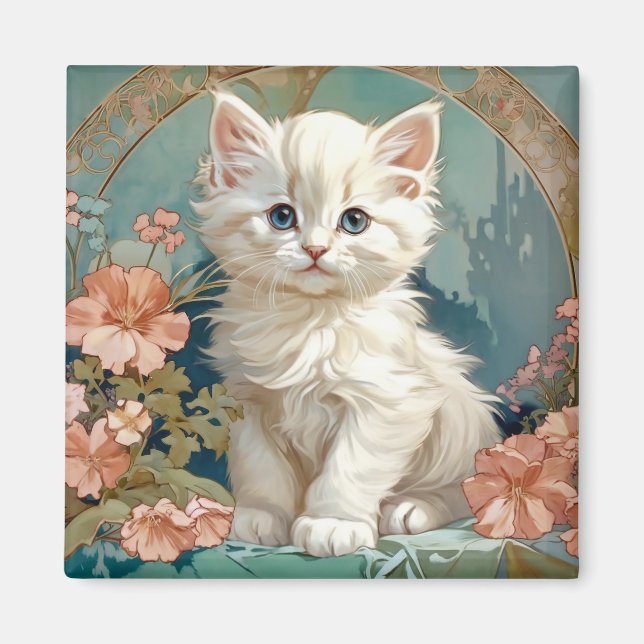 Imán Alphonse Mucha Estilo Gato Blanco, arte gatito per (Frente)