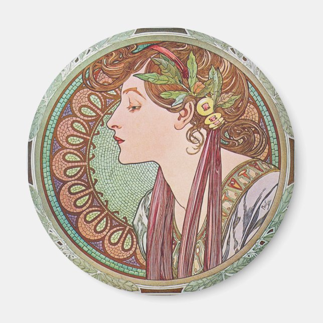 Imán Alphonse Mucha Laurel Magnet de Ronda Art Nouveau (Frente)