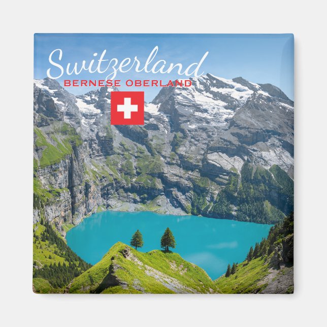 Imán Alpine lake Oeschinensee in Switzerland with flag (Frente)