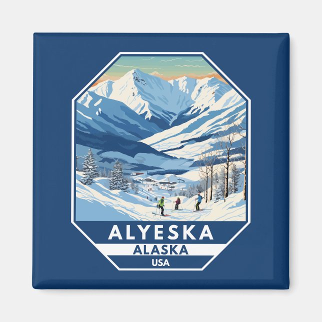 Imán Alyeska Alaska Winter Travel Art Vintage (Frente)