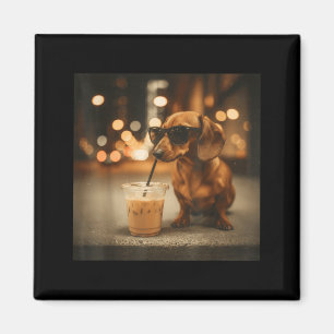Imán Amante divertido del dachshund bebiendo café helad