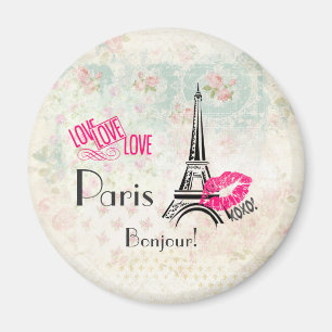 Imán Amar París con la Torre Eiffel en un patrón vintag