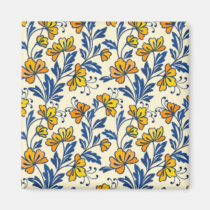 Imán Amarillo Naranja Floral Folclórico Azul Hoja Vinta