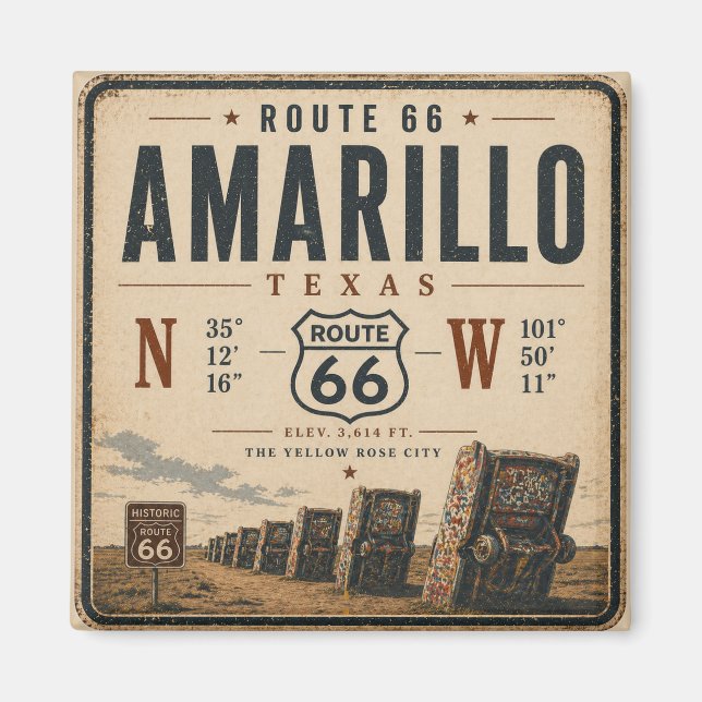 Imán Amarillo Ruta 66 Coordenadas Recuerdo (Frente)