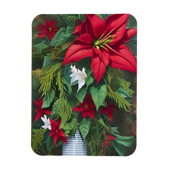 Imán Amaryllis y Poinsettia Floral AI Art (Vertical)