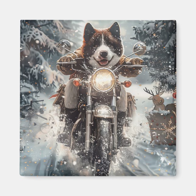 Imán American Akita Perro Montando Motocicleta Navidad  (Frente)