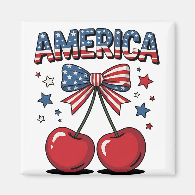 Imán American Coquette Bow Cherry Aesthetic USA Flag (Frente)