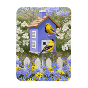 Imán American Goldfinch Bird House Flower Garden