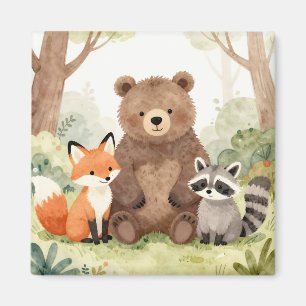 Imán Amigos del bosque lindos oso zorro mapache acuarel