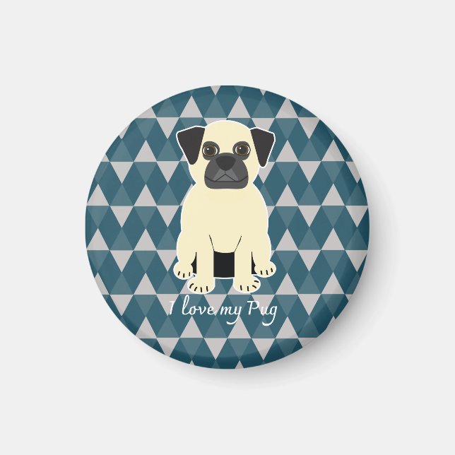 Imán Amo a mi Pug, patrón de diamantes azules (Frente)