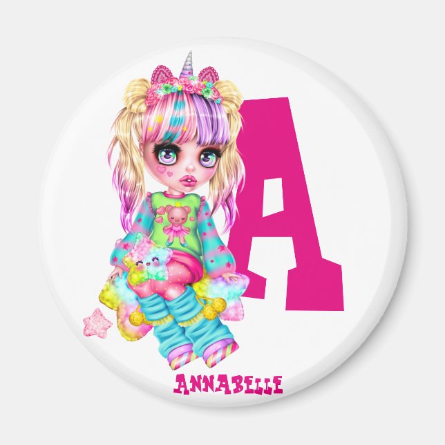 Imán Amo a Unicornios Kawaii Chibi Chica con nombre de  (Frente)