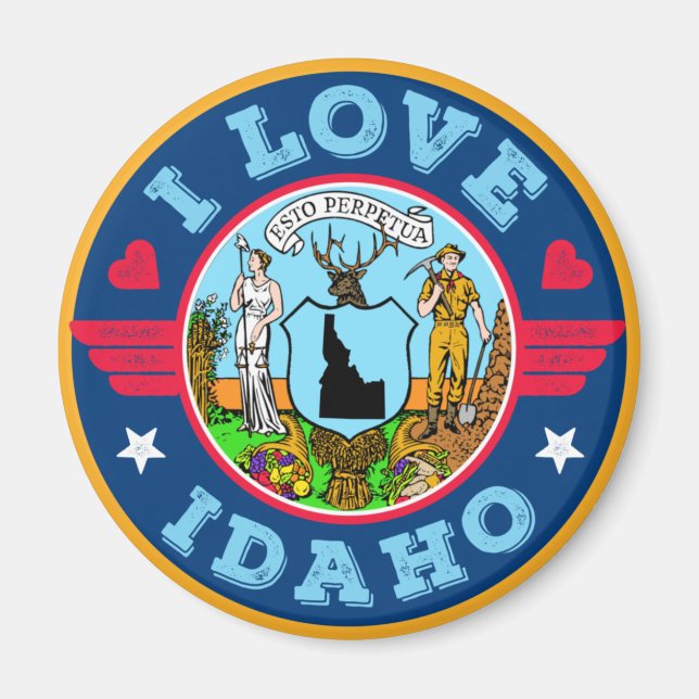 Imán Amo el mapa del estado de Idaho y su bandera (Frente)