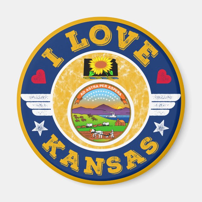 Imán Amo el mapa del estado de Kansas y su bandera (Frente)