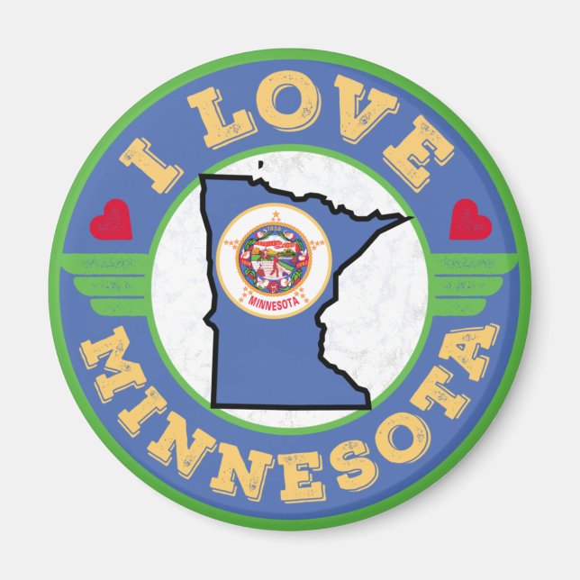 Imán Amo el mapa del estado de Minnesota y su bandera (Frente)