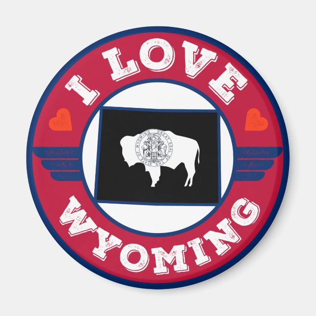 Imán Amo la bandera y mapa del estado de Wyoming (Frente)