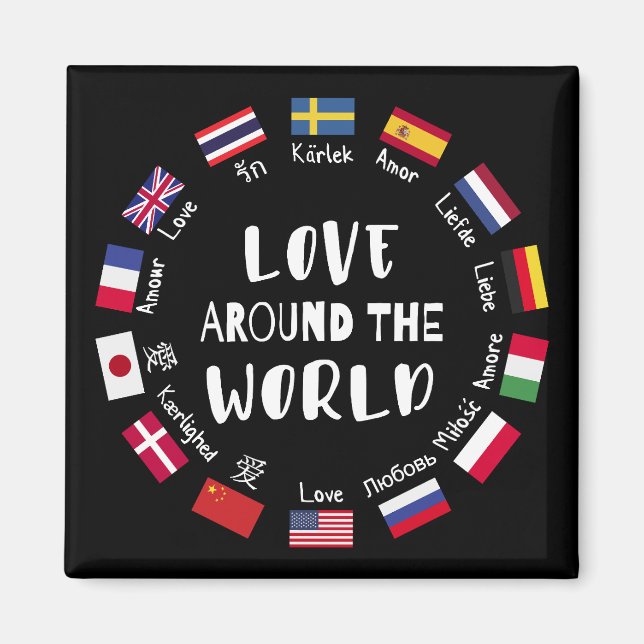 Imán Amor alrededor de idiomas del mundo  (Frente)