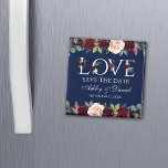 Imán Amor Azul Burgundy Watercolor Floral Salvar La Fec<br><div class="desc">Acuarela Azul Borgoña Floral Amor Salvar El Imán De La Fecha - Cuadrado</div>