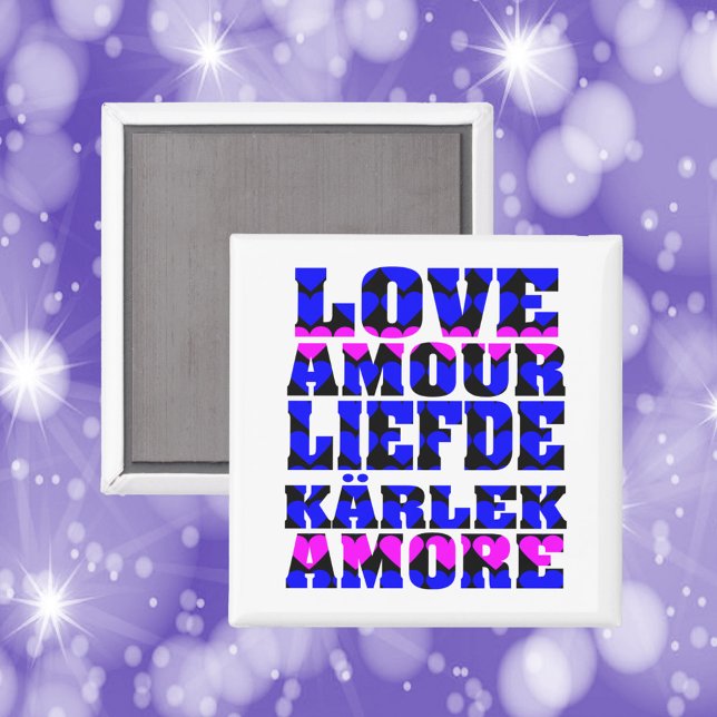Imán Amor en muchos idiomas Corazón azul rosado (A magnet that says love in a variety of languages with a pink and blue heart pattern)