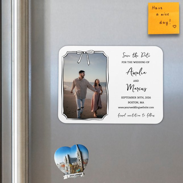 Imán Amortiguamiento de Moda blanca y negra eterna salv (Save the date with this elegant magnet featuring a custom photo, hand-drawn bow, and modern details.)