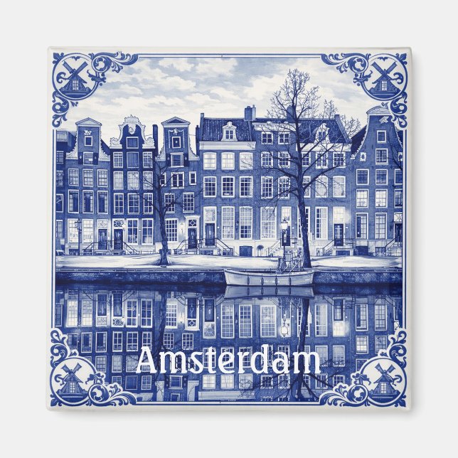 Imán Amsterdam canal houses square magnet (Frente)