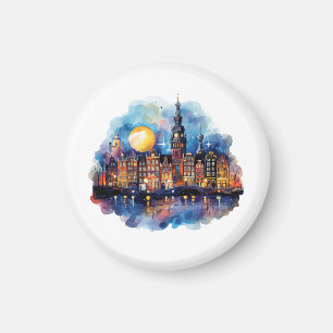 Imán Ámsterdam en la pintura de acuarela nocturna