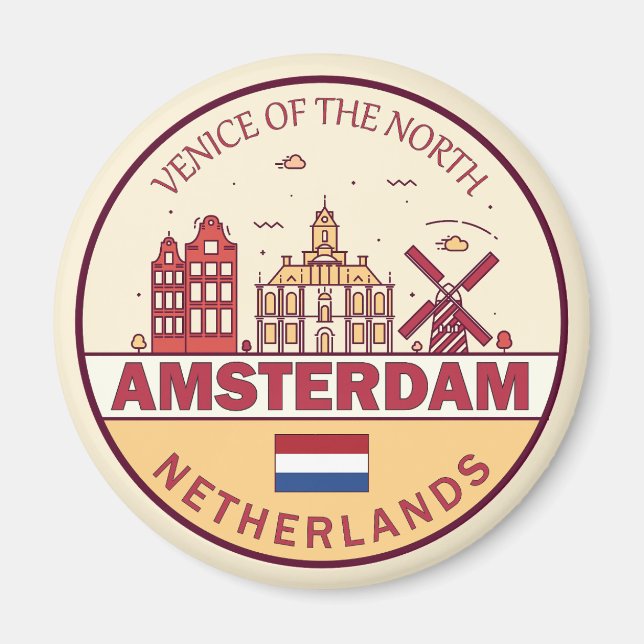 Imán Amsterdam Países Bajos City Skyline Emblem (Frente)