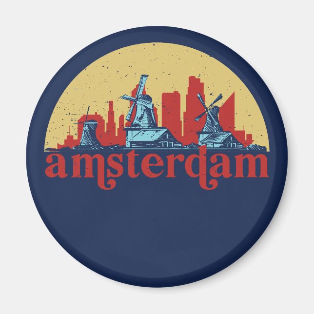 Imán Ámsterdam Países Bajos Retro City Skyline (Frente)