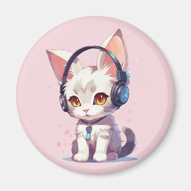 Imán Amuleto de Gatito Adorable con Auriculares (Frente)