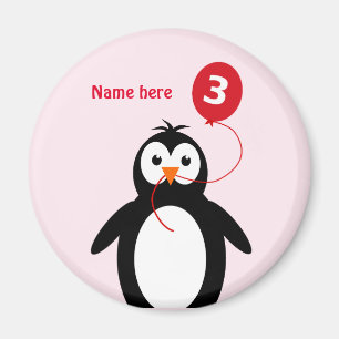 Imán Añadir el nombre pingüino 3 cumpleaños rosa rojo
