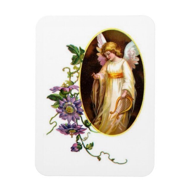 Imán Ángel con arpa y flores de clemátide (Vertical)