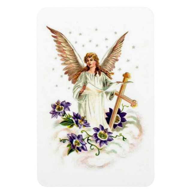 Imán Ángel con cruz y flores de clemátide (Vertical)