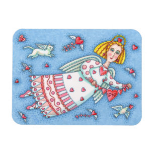 IMÁN ANGEL DE ARTE FOLK, GATO Y CORAZONES DE VUELO