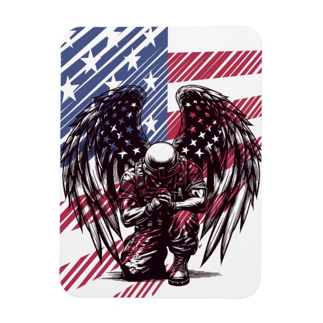 Imán Ángel Soldado Americano Orando Arte de Bandera de  (Vertical)