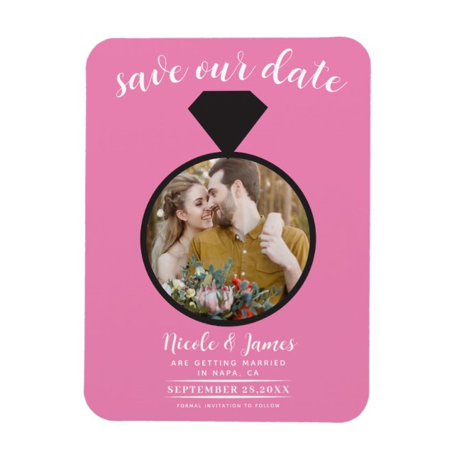 Imán Anillo de Boda Rosa Chicle Foto Save the Date (Vertical)