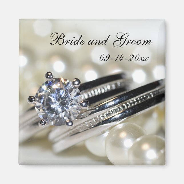 Imán Anillos y Bodas de Perlas Blancas Salven la Fecha (Frente)